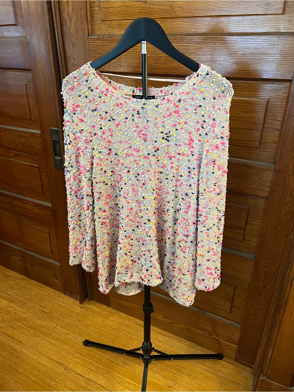 Women’s L Cream Knit Pullover Sweater with Pink & Multicolor Speckles
